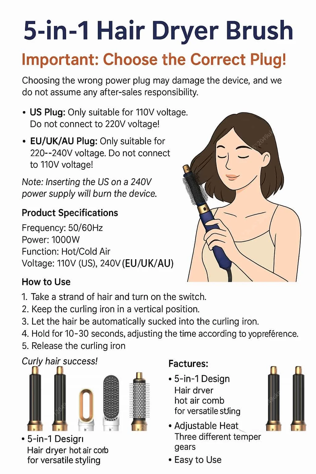 5 In 1 Hair Dryer Brush And Styler Kit Professional Hot Air Comb Curling Iron Hair Straightener For Volumizing And Styling - Image 26