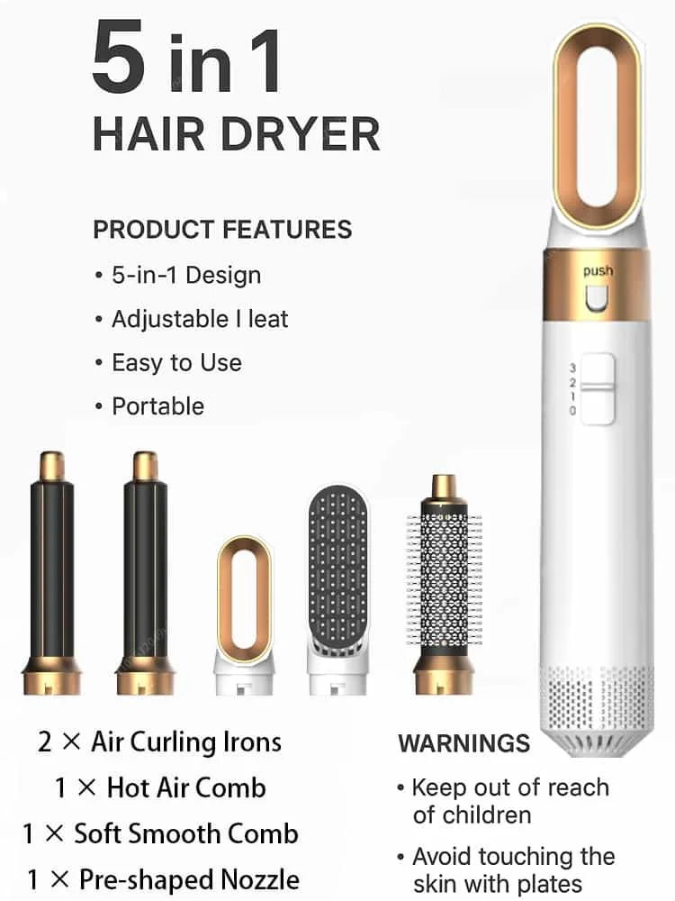5 In 1 Hair Dryer Brush And Styler Kit Professional Hot Air Comb Curling Iron Hair Straightener For Volumizing And Styling - Image 23