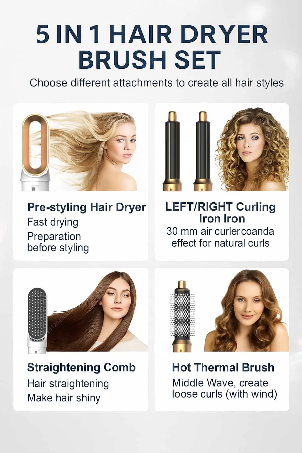 5 In 1 Hair Dryer Brush And Styler Kit Professional Hot Air Comb Curling Iron Hair Straightener For Volumizing And Styling - Image 5