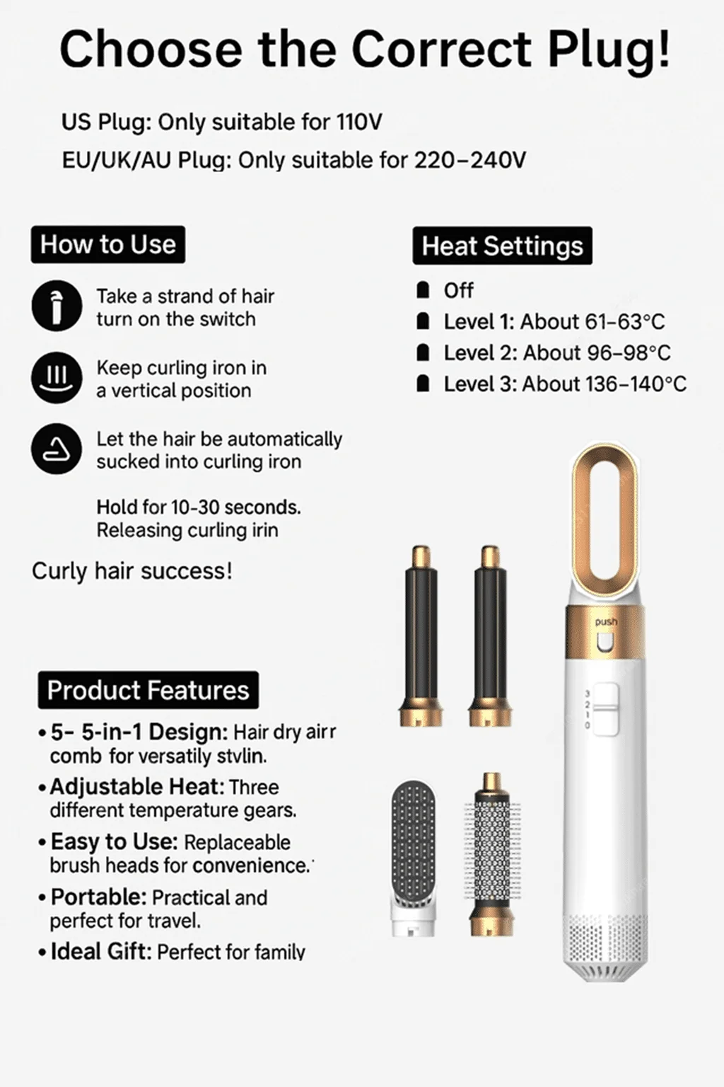 5 In 1 Hair Dryer Brush And Styler Kit Professional Hot Air Comb Curling Iron Hair Straightener For Volumizing And Styling - Image 33