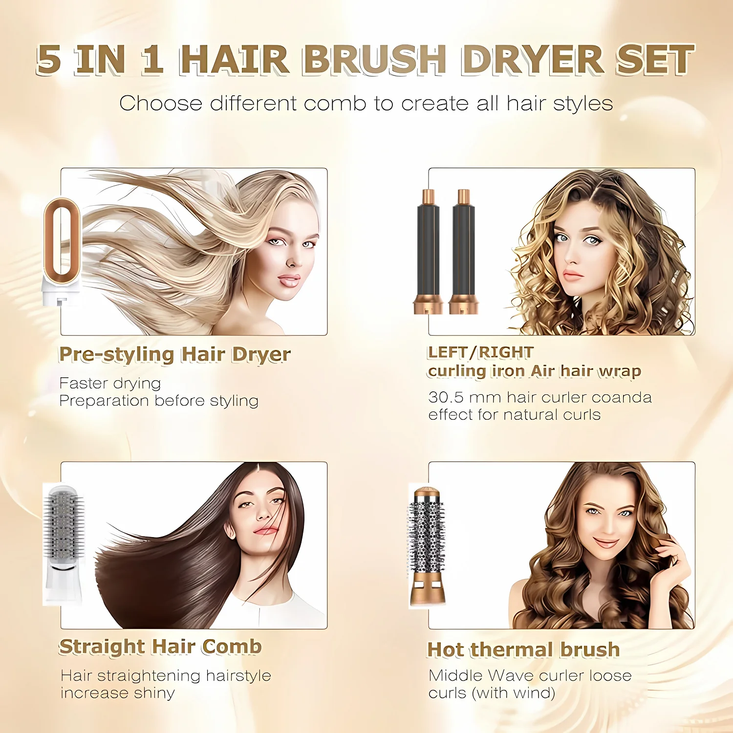 5 In 1 Electric Hair Brush Hair Dryer For Dyson Airwrap Automatic Curler Hair Straightener Hot Air Comb Hairdressing Appliance - Image 2